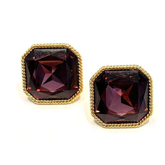 Vintage NAPIER Earrings Deep Purple Faceted Rhinestone Clip Earrings Large - Picture 1 of 11